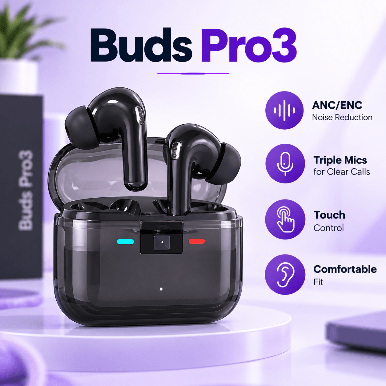 ANC ENC Wireless Earbuds – Buds Pro 3 with Touch Control 1 ANC ENC wireless earbuds with charging case and touch control