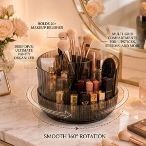 360 degree rotating cosmetic organizer with divided compartments