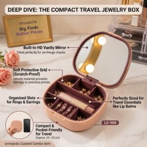 compact travel jewelry box with built-in mirror and compartments