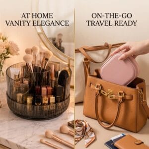 rotating cosmetic organizer for home and compact jewelry box for travel