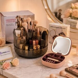 rotating cosmetic organizer with compact mirror jewelry box in Pakistan