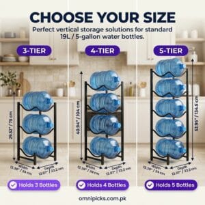 3-tier, 4-tier and 5-tier water bottle storage racks with dimensions