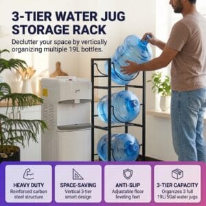 person loading a large dispenser bottle onto a 3-tier storage rack
