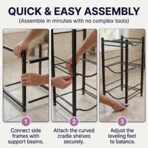 three-step assembly guide for the multi-tier water bottle storage rack