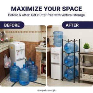 water bottle rack organising three dispenser bottles beside a water cooler