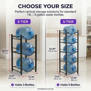 3-tier and 5-tier water bottle racks with size comparison
