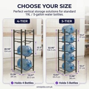 4-tier and 5-tier water bottle racks with dimensions and bottle spacing