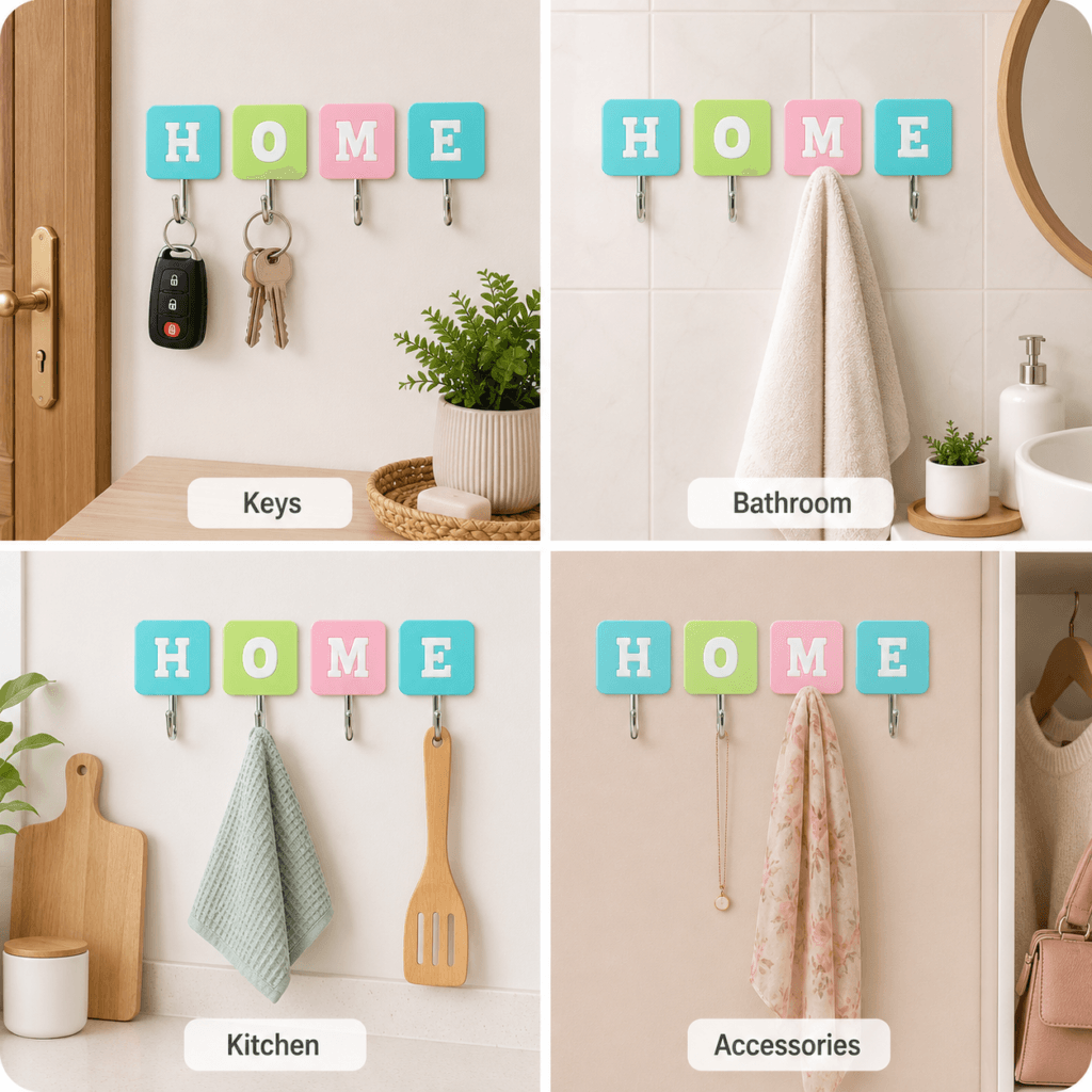 HOME Text Key Holder 4-Piece Wall Hook Set for Entryways
