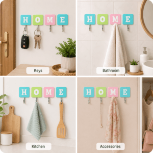 HOME letter wall hooks arranged as a four-piece set