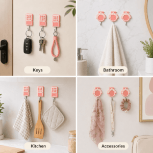 Decorative wall hook holding keys near an entryway