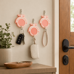 Decorative hooks arranged on an entryway wall