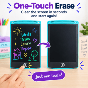 LCD writing tablet displaying a child’s colourful drawing