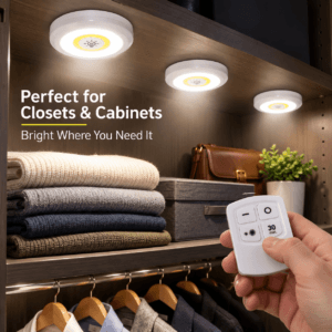 LED tap lights illuminating a dark cupboard shelf