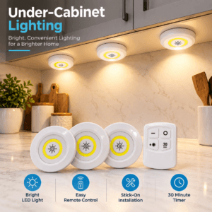 Three LED tap lights arranged with the remote control