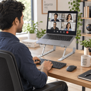 Aluminum stand raising a laptop above a desk