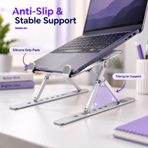 Aluminum laptop stand supporting a notebook computer