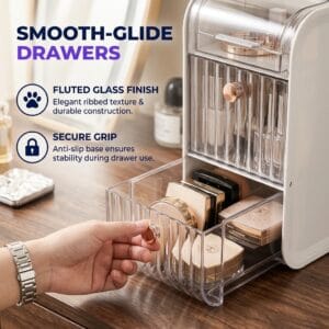 makeup organizer drawer holding compact powder and cosmetics