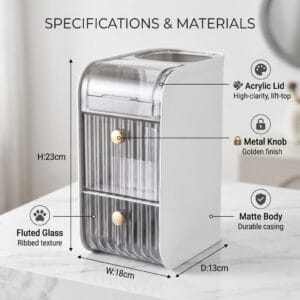 makeup organizer with lift-top compartment, fluted drawers and metal knobs