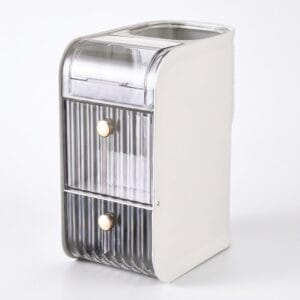 makeup organizer with clear lift-top cover and two fluted drawers