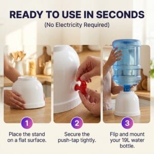 Manual water dispenser fitted to a large water bottle