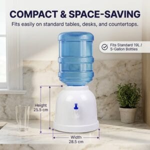 Manual water dispenser shown with bottle and glass
