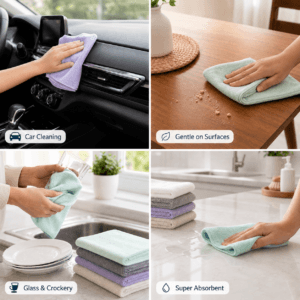 Six microfiber kitchen cloths folded in a stack