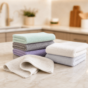 Microfiber dish cloth wiping a kitchen countertop
