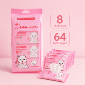 Individual mini wet-wipe packs arranged as an eight-pack set