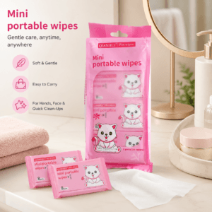 Compact wet wipes pack opened to remove a wipe