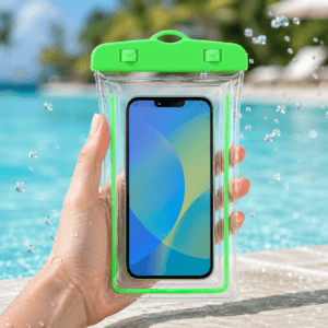 Phone pouch worn around the neck near water