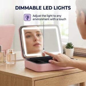 portable makeup case with touch-controlled illuminated mirror