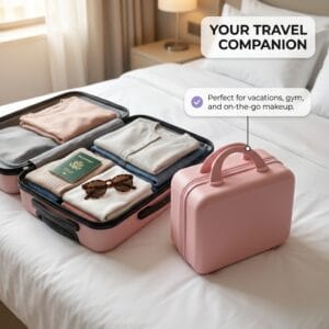 portable makeup case packed beside an open travel suitcase