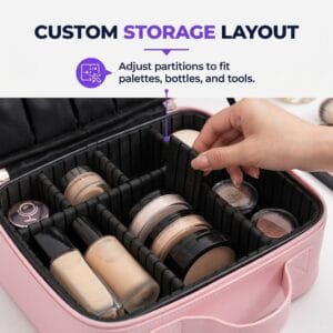 adjustable dividers organising cosmetics inside a portable makeup case