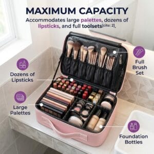 open makeup case storing brushes, lipsticks, palettes and foundation bottles