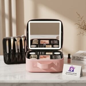 Portable makeup case with LED mirror