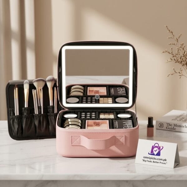 Portable makeup case with LED mirror
