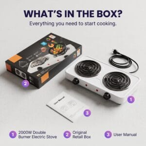 RAF double-burner electric stove with its retail packaging
