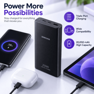 Samsung battery pack ports and charging button close-up