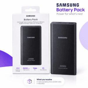 Samsung 20000mAh battery pack displayed upright