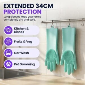 long-sleeve silicone scrubber gloves hanging beside a kitchen sink