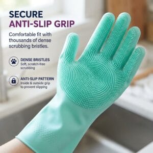 silicone cleaning glove palm with dense anti-slip scrubber bristles