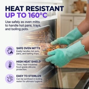 heat-resistant silicone scrubber gloves holding a hot oven tray