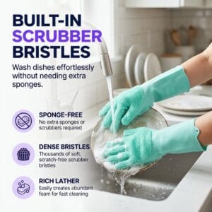 silicone dishwashing gloves scrubbing a plate with built-in bristles