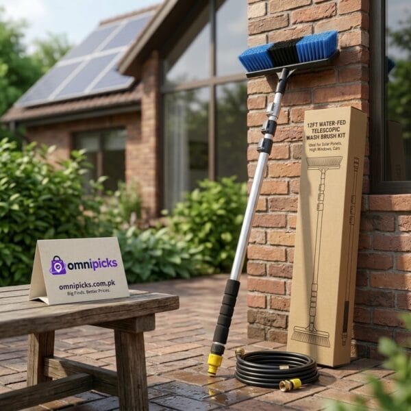 water-fed telescopic cleaning pole with brush and hose outside a home