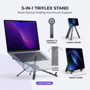3-in-1 Triflex stand supporting a laptop and smartphone on a desk