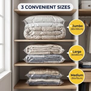 vacuum storage bags in multiple sizes for clothing and bedding