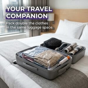 vacuum storage bags with manual pump packed inside travel luggage