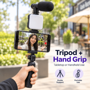 Microphone mounted above a smartphone on the tripod