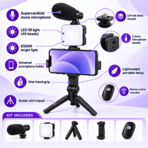 Video kit microphone, light, phone holder and tripod