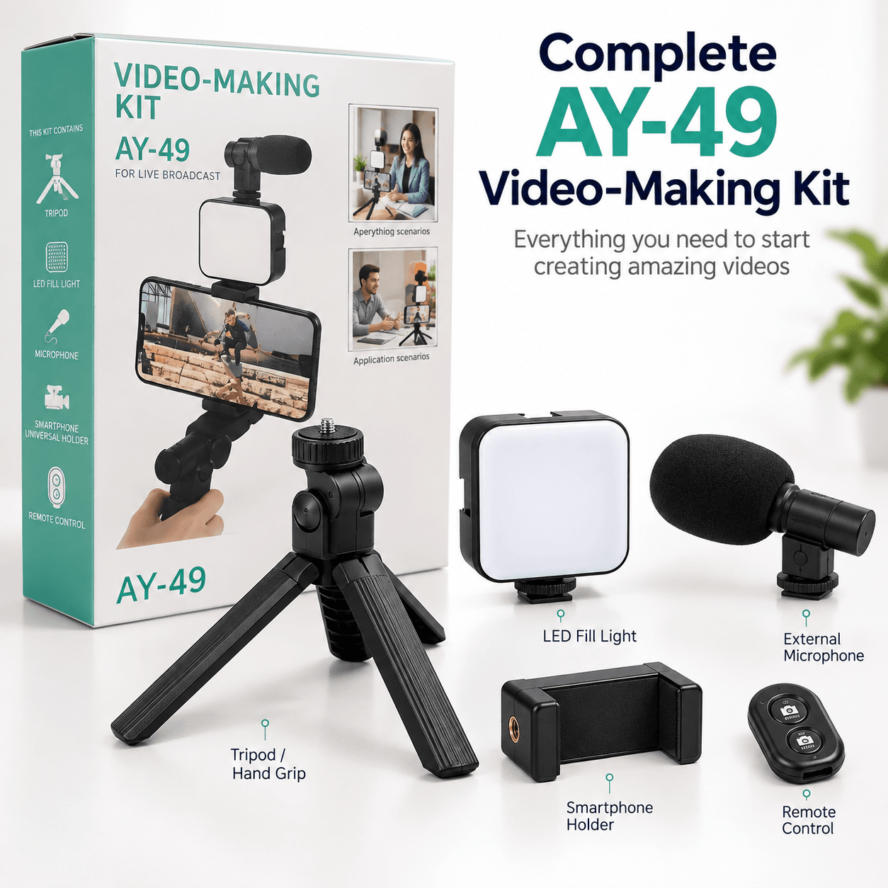 AY-49 video making kit with tripod, fill light and microphone